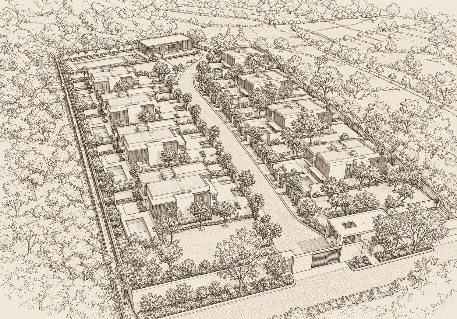 Pencil sketch of a villa community from above