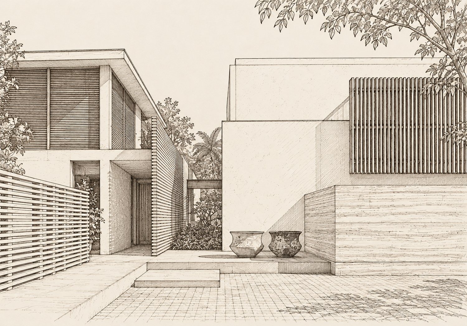 Pencil sketch of a modern house entrance